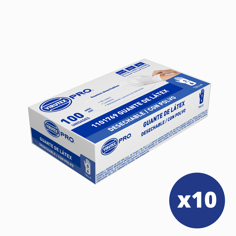 CAJA 10 DISPLAY DE GUANTES LATEX C/POLVO BLANCO S 100UN VIRUTEX PRO